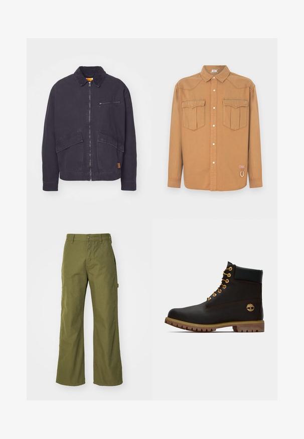 Mørk marineblå jakke med en kordfløjskrave, frontlynlås og to store påsatte lommer. Har en lynlåslomme på brystet og diskret branding.; Brun denimskjorte med to brystlommer, spids krave, knaplukning foran og kontrastsyning. Indeholder en logo-patch og en løkke detalje.; Oliven grønne bukser med bred ben, lavet af slidstærkt stof, med knaplukning, sidelommer og lige kantdesign.; Sorte læder ankelstøvle med gyldne øjer, brune detaljer og gummisål. Har en polstret krave og præget logo på siden.