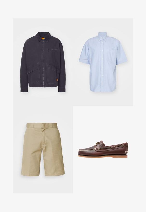 Veste bleu marine foncé avec un col en velours côtelé, fermeture éclair à l'avant et deux grandes poches plaquées. Comprend une poche poitrine zippée et un branding discret.; Chemise à manches courtes bleu clair en tissu coton. Dotée d'un col et d'une poche avant. Design simple et uni.; Shorts khaki avec un design à l'avant plat, une taille cousue avec passants de ceinture et deux poches latérales. Fabriqués en tissu léger.; Chaussure bateau en cuir marron avec coutures blanches, détails de lacets et semelle en caoutchouc beige, vue de côté sur fond blanc.