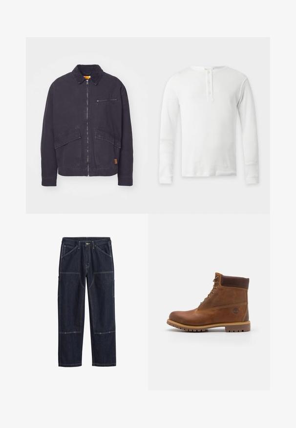 Veste bleu marine foncé avec un col en velours côtelé, fermeture éclair à l'avant et deux grandes poches plaquées. Comprend une poche poitrine zippée et un branding discret.; T-shirt thermique blanc à manches longues avec col rond et patte de boutonnage à trois boutons, présenté à plat sur fond clair.; Pantalons en denim bleu foncé avec des coutures doubles, un bouton frontal, des passants de ceinture et plusieurs poches à renfort sur les jambes.; Botte de randonnée en cuir marron avec une finition lisse, cheville rembourrée, œillets en métal et semelle en caoutchouc dotée d'un motif de crampons robuste.
