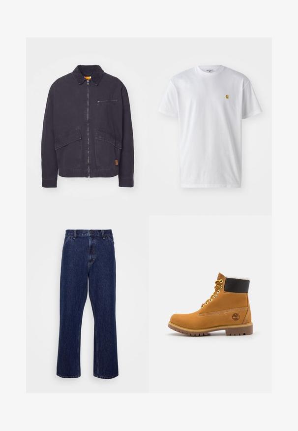 Mørk marineblå jakke med en kordfløjskrave, frontlynlås og to store påsatte lommer. Har en lynlåslomme på brystet og diskret branding.; Hvid bomulds t-shirt med korte ærmer, rund hals og et lille guld logo på venstre brystområde. Blød tekstur og almindelig pasform.; Mørkeblå denim jeans med lige ben-design, der har knaplukning, fem lomme-stil og diskrete syninger.; Brune læder ankelstøvle med metaløjer, hvid pelsforing, sort polstret krave, robust sål og præget logo på siden.