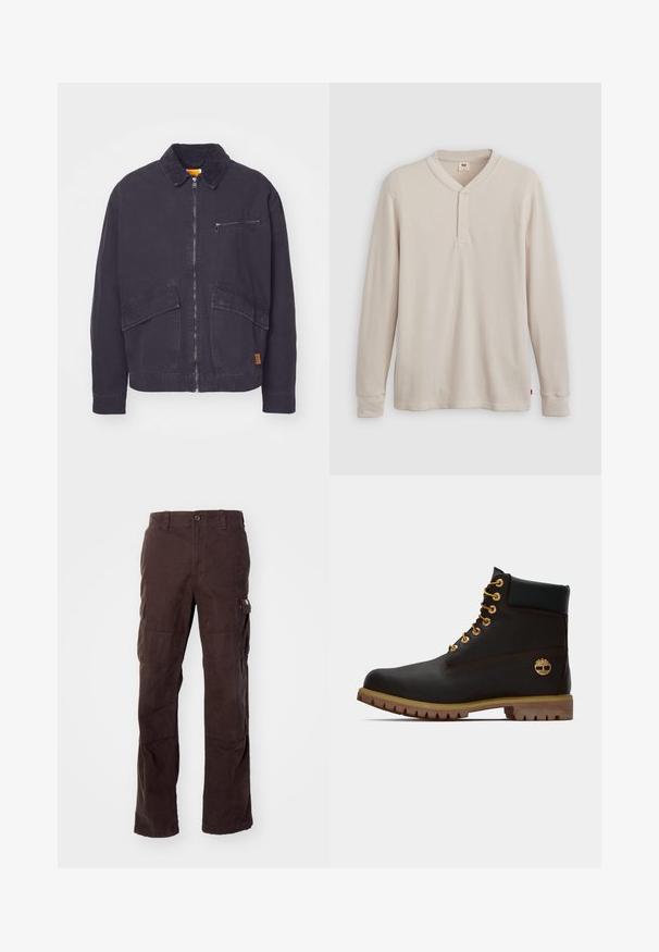 Veste bleu marine foncé avec un col en velours côtelé, fermeture éclair à l'avant et deux grandes poches plaquées. Comprend une poche poitrine zippée et un branding discret.; T-shirt henley à manches longues en tissu côtelé beige clair, avec un col en V, une patte de boutonnage à trois boutons et des manches à poignets. Étiquette logo rouge à l'ourlet.; Pantalons cargo marron en tissu coton résistant, dotés de poches latérales, d'une coupe décontractée et de jambes droites avec des détails de couture visibles.; Bottine noire en cuir avec œillets dorés, accents marron et semelle en caoutchouc. Comprend un col rembourré et un logo estampé sur le côté.