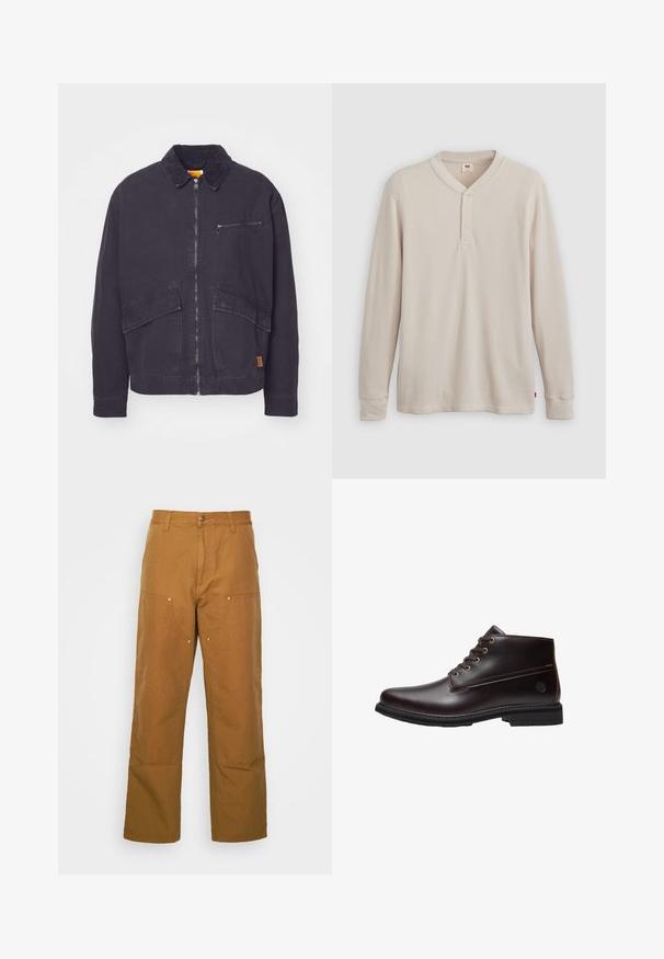 Donkerblauwe jas met een corduroy kraag, voorzijde met ritssluiting en twee grote opgestikte zakken. Bevat een ritssluiting op de borst en subtiele branding.; Lange mouwen henley-shirt in lichtbeige ribbelstof, met een V-hals, een drieknoopsluiting en manchetten. Rode logo-label aan de onderkant.; Bruine katoenen utility broeken met een rechte pijpdesign, voorzien van voorzakken en metalen hardware accenten voor extra duurzaamheid.; Donkerbruine leren veterschoenen voor de enkels met zwarte zool en subtiel merklogo aan de zijkant, zijaanzicht tegen een witte achtergrond.