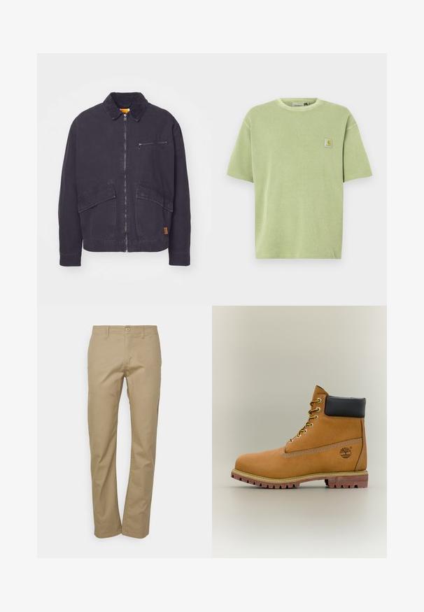Donkerblauwe jas met een corduroy kraag, voorzijde met ritssluiting en twee grote opgestikte zakken. Bevat een ritssluiting op de borst en subtiele branding.; Lichtgroen T-shirt met korte mouwen, een geribbelde textuur en een logopatch op de borst. Losvallende pasvorm en een ronde hals.; Beige chino's met een recht gesneden design, voorzien van een knoopsluiting, riemlussen en een gladde katoenen stoftextuur.; Bruine leren enkellaars met zwarte kraag, gele veters en een zandkleurige zool. Voorzien van een logo en witte stikseldetails. Robuuste loopzool met grip.