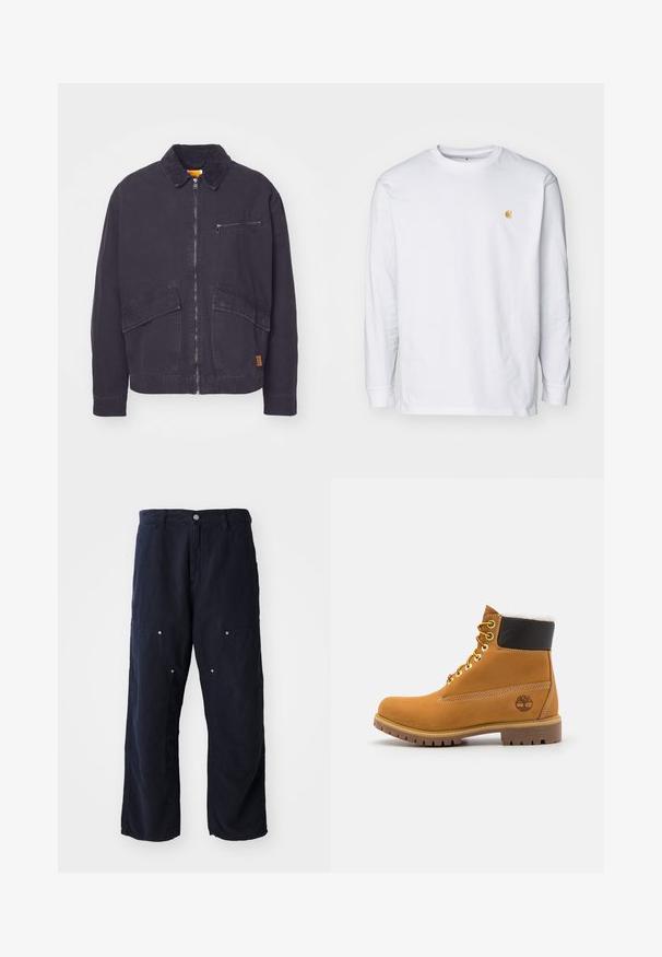 Donkerblauwe jas met een corduroy kraag, voorzijde met ritssluiting en twee grote opgestikte zakken. Bevat een ritssluiting op de borst en subtiele branding.; Witte lange mouwen t-shirt van katoen. Voorzien van een klein gouden logo op de borst en een ronde hals. Eenvoudig ontwerp en standaard pasvorm.; Marineblauwe wijde broek van katoen met een gestructureerde afwerking. Bevat twee voorzakken met knoopaccenten en een voorste knoopsluiting.; Bruine leren enkellaars met metalen oogjes, witte faux bont voering, zwarte gewatteerde kraag, robuuste zool en een reliëflogo aan de zijkant.