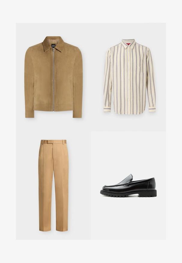 Veste en daim beige avec fermeture éclair, col et deux poches latérales, présentée sur fond blanc uni. Étiquette BOSS visible à l'intérieur du col.; Chemise à manches longues avec boutons, rayures verticales beige, blanches et jaune clair, et une poche poitrine unique sur un fond uni.; Pantalon beige droit avec passants de ceinture, plis devant et fermeture éclair.; Mocassin en cuir noir avec semelle en caoutchouc épaisse, dessus cousu et nom de marque embossé sur le talon, présenté de profil sur fond blanc.