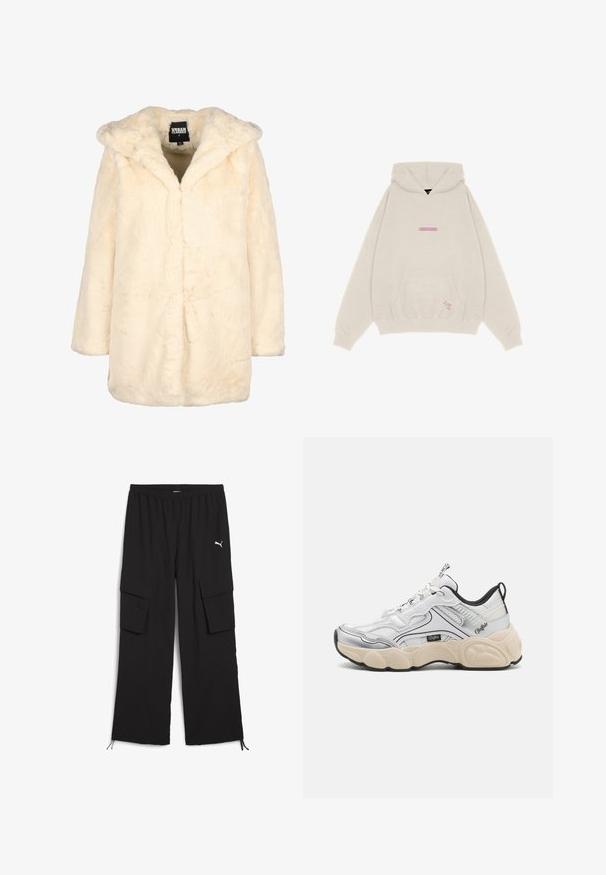 Manteau en fausse fourrure crème avec capuche, manches longues et coupe décontractée. Caractérisé par une texture douce et une ouverture frontale sans fermetures visibles.; Pegador THEA OVERSIZED - Sweat à capuche - vintage moon grey; Pantalons cargo noirs avec une conception à jambes larges, taille élastique, deux poches latérales et ourlets à cordon de serrage. Présente un petit logo blanc.; Baskets blanches avec des panneaux en maille et en synthétique, accents argentés, semelle crémeuse épaisse et détails noirs contrastants. Possède un système de laçage.