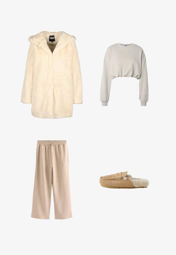 Manteau en fausse fourrure crème avec capuche, manches longues et coupe décontractée. Caractérisé par une texture douce et une ouverture frontale sans fermetures visibles.; Sweat-shirt court beige clair avec manches longues, poignets côtelés et ourlet froncé, de la marque Urban Classics.; Pantalon beige à jambes larges avec taille élastique et cordon, en tissu doux et moucheté.; Chausson mule en daim marron clair avec doublure en fausse fourrure crème douce et semelle en caoutchouc plate, vue de côté.