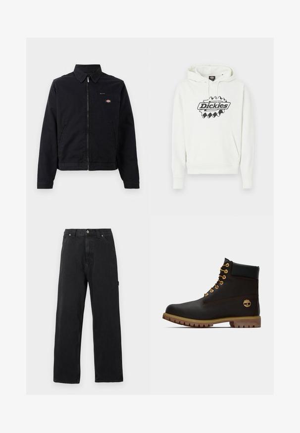 Schwarze Jacke aus Baumwolle mit einem Reißverschluss vorne, spitzem Kragen und einer Brusttasche. Enthält ein Logo auf der linken Seite in der Nähe der Tasche.; Weißer Hoodie mit einem großen schwarzen "Dickies"-Logo, ausgestattet mit einer Kapuze mit Kordelzug, einer Kängurutasche sowie gerippten Bündchen und Saum. Weiche Textur.; Schwarze Jeans mit geradem Bein, Fronttaschen, Gürtelschlaufen, Knopfverschluss und sichtbaren Nahtlinien vor einfarbigem Hintergrund.; Schwarze Leder-Ankle-Boots mit goldenen Ösen, braunen Akzenten und einer Gummisohle. Verfügt über einen gepolsterten Schaft und ein geprägtes Logo an der Seite.
