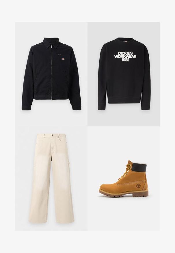 Zwarte jas van katoen met een rits aan de voorkant, een puntige kraag en een borstzak. Bevat een logo aan de linkerkant, nabij de zak.; Zwarte crewneck trui met witte, gestructureerde tekst "DICKIES WORKWEAR 1922" over de borst, geribbelde manchetten en zoom.; Beige broek met wijde pijpen, voorzakken, knoopsluiting en riemlussen, afgebeeld tegen een effen witte achtergrond.; Bruine leren enkellaars met metalen oogjes, witte faux bont voering, zwarte gewatteerde kraag, robuuste zool en een reliëflogo aan de zijkant.