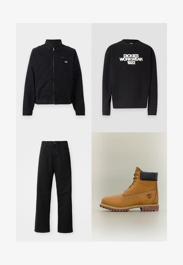 Zwarte jas van katoen met een rits aan de voorkant, een puntige kraag en een borstzak. Bevat een logo aan de linkerkant, nabij de zak.; Zwarte crewneck trui met witte, gestructureerde tekst "DICKIES WORKWEAR 1922" over de borst, geribbelde manchetten en zoom.; Zwarte denim broek met een rechte pasvorm, voorzien van voorzakken, een rits en een enkele bovenste knoop. Gestructureerde stof met een matte afwerking.; Bruine leren enkellaars met zwarte kraag, gele veters en een zandkleurige zool. Voorzien van een logo en witte stikseldetails. Robuuste loopzool met grip.