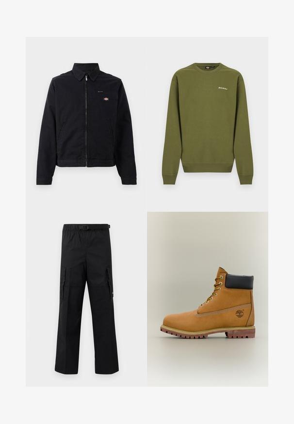 Zwarte jas van katoen met een rits aan de voorkant, een puntige kraag en een borstzak. Bevat een logo aan de linkerkant, nabij de zak.; Olijfgroene crewneck trui met lange mouwen, geribbelde boorden en zoom, en een klein wit "Dickies"-logo op de linkerborst.; Zwarte cargobroek met een wijde pasvorm, een verstelbare tailleband met een gesp en twee zijzakken voor opslag. Lichtgewicht stof.; Bruine leren enkellaars met zwarte kraag, gele veters en een zandkleurige zool. Voorzien van een logo en witte stikseldetails. Robuuste loopzool met grip.