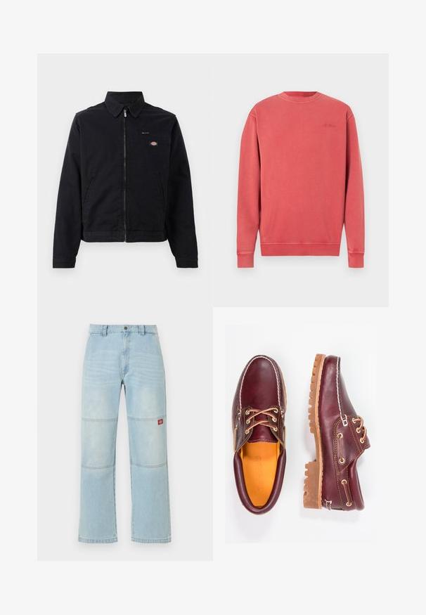 Sort jakke lavet af bomuld med lynlås foran, spids krave og en brystlomme. Har et logo på venstre side tæt på lommen.; Lyserødmeleret sweatshirt, rund hals, lange ærmer, ribstrikkede manchetter og kant. Har et diskret, præget logo på brystet. Blødt bomuldsblandingsmateriale.; Lyseblå viddebenjeans med knæpaneldetaljer og et lille rødt rektangulært logopatch på det højre lår.; Bordeaux lædersko med brune gummisåler, rund tå, hvid syning og gyldne snøringer. Indersiden har et gult for.