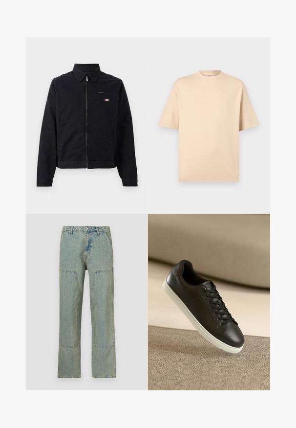 Zwarte jas van katoen met een rits aan de voorkant, een puntige kraag en een borstzak. Bevat een logo aan de linkerkant, nabij de zak.; Beige oversized T-shirt met korte mouwen en ronde hals, met minimale stiksels, op een lichtgrijze achtergrond.; Lichtblauwe denim jeans met een losse pasvorm, voorzien van patchworkdetails op de voorzakken en een licht verweerde textuur.; Zwarte leren sneakers met een witte rubberen zool en zwarte veters, gepositioneerd tegen een beige stoffen oppervlak en achtergrond.