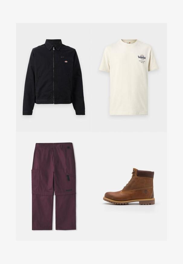 Zwarte jas van katoen met een rits aan de voorkant, een puntige kraag en een borstzak. Bevat een logo aan de linkerkant, nabij de zak.; Off-white T-shirt met korte mouwen en ronde hals, met een klein Timberland-logo en tekst op de linkerborst waarop staat "Established 1973 NH, USA."; Bordeaux cargo convertible broek met zijritszak en Timberland-logo op het rechterbeen, verlengde binnenbeenlengte weergegeven.; Bruine leren wandelschoen met een gladde afwerking, gevoerde enkel, metalen oogjes en een rubberen zool met een robuust profiel.