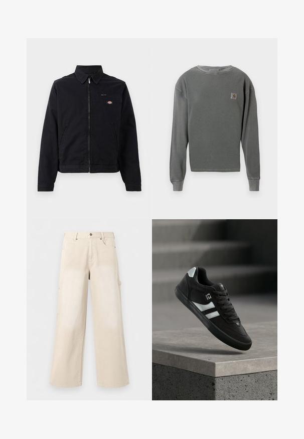 Sort jakke lavet af bomuld med lynlås foran, spids krave og en brystlomme. Har et logo på venstre side tæt på lommen.; Grå langærmet crewneck sweatshirt med ribbet tekstur, med et lille firkantet logo-patch på venstre bryst og ribbede manchetter.; Beige bukser med brede ben, forlommer, knaplukning og bæltestropper, vist mod en ensfarvet hvid baggrund.; Sort sneaker med hvide striber og snørebånd, der svæver over en betonrand med slørede trin i baggrunden.