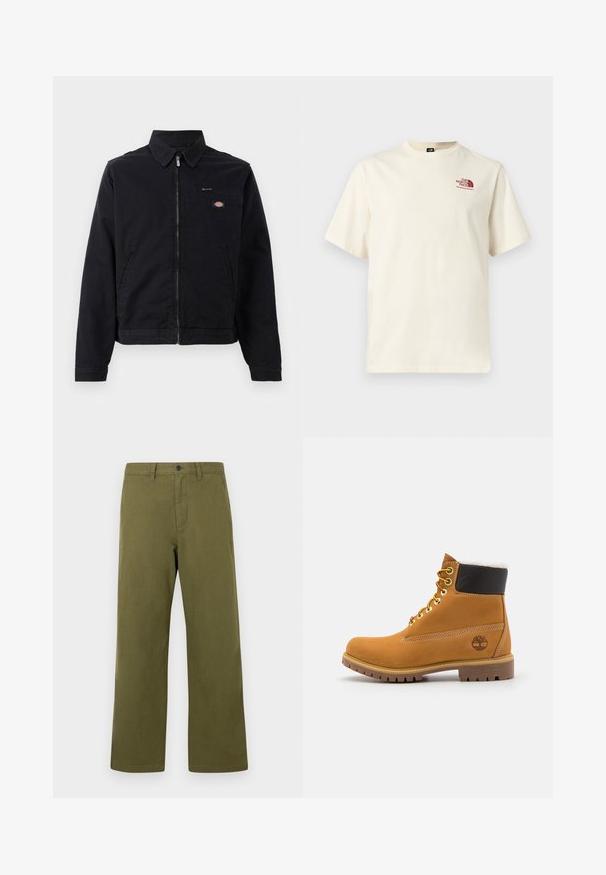 Schwarze Jacke aus Baumwolle mit einem Reißverschluss vorne, spitzem Kragen und einer Brusttasche. Enthält ein Logo auf der linken Seite in der Nähe der Tasche.; Kurzärmeliges off-white T-Shirt mit bordeauxrotem "The North Face"-Logo auf der linken Brust, Rundhalsausschnitt, schlichtes Design.; Olivgrüne Baumwollhosen mit geradem Bein, vorderer Knopfverschluß und Gürtelschlaufen. Minimalistischer Stil ohne Muster.; Braune Leder-Ankle-Boots mit Metallösen, weißem Kunstfellfutter, schwarzem gepolstertem Kragen, robustem Sohlenprofil und geprägtem Logo an der Seite.