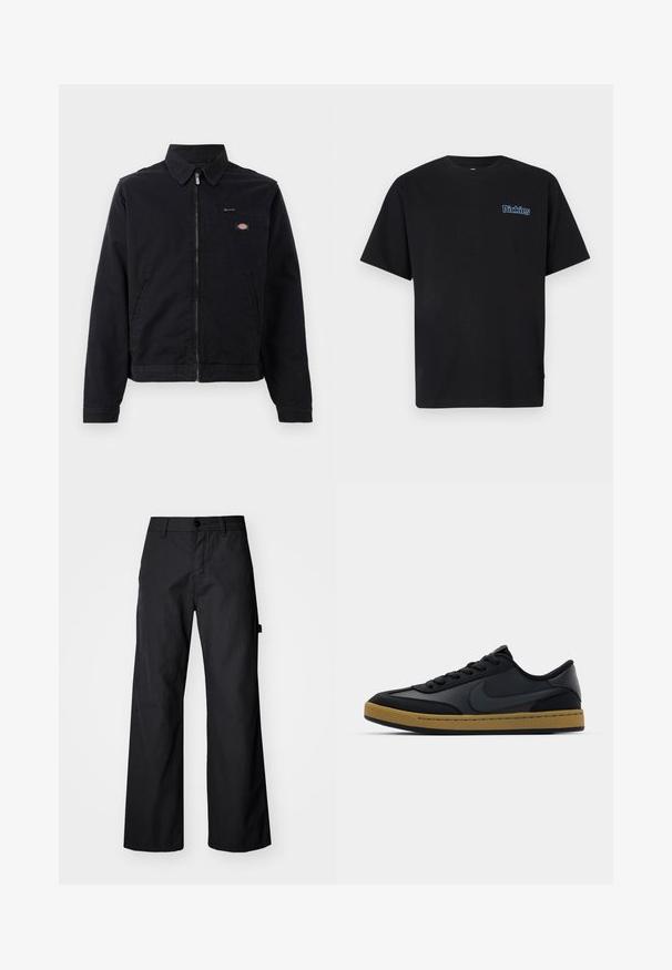 Schwarze Jacke aus Baumwolle mit einem Reißverschluss vorne, spitzem Kragen und einer Brusttasche. Enthält ein Logo auf der linken Seite in der Nähe der Tasche.; Schwarzes Baumwoll-T-Shirt mit kurzen Ärmeln und Rundhalsausschnitt. Verfügt über ein blau gesticktes "Dickies"-Logo auf der linken Brustseite.; Schwarze, weite Hosen aus robustem Stoff. Verfügt über einen Knopfverschluss und Seitentaschen. Glatte Textur mit einem schlichten Design.; Schwarze Ledersneaker mit niedrigem Design, Schnürverschluss, Gummisohle und gummikolorierten Akzenten. Verfügt über ein seitliches Logo und strukturierte Materialien.