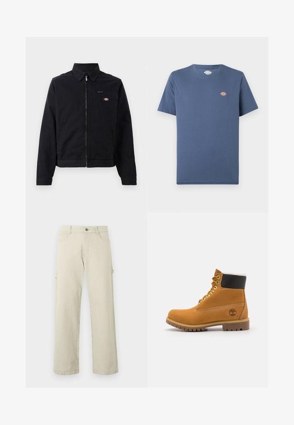Zwarte jas van katoen met een rits aan de voorkant, een puntige kraag en een borstzak. Bevat een logo aan de linkerkant, nabij de zak.; Effen blauw T-shirt met korte mouwen en ronde hals, met een klein rond multicolor logo op de linkerborst.; Beige en witte verticale gestreepte rechte broek met knoopsluiting, ceintuurlussen en zijzakken, getoond tegen een effen achtergrond.; Bruine leren enkellaars met metalen oogjes, witte faux bont voering, zwarte gewatteerde kraag, robuuste zool en een reliëflogo aan de zijkant.
