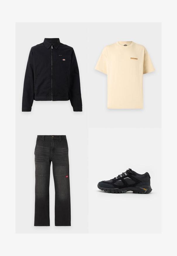 Sort jakke lavet af bomuld med lynlås foran, spids krave og en brystlomme. Har et logo på venstre side tæt på lommen.; Beige Dickies t-shirt med korte ærmer, lille orange og sort logo på venstre bryst, rund halsudskæring, enkel design.; Sorte denim arbejdssbukser med dobbelte knæpaneler og et lille rødt logo på højre ben, lige snit og linning med knaplukning.; Sort udendørs sko lavet af ruskind og mesh med en robust sål. Har grå accenter og Vibram-branding på siden. Snøredesign.