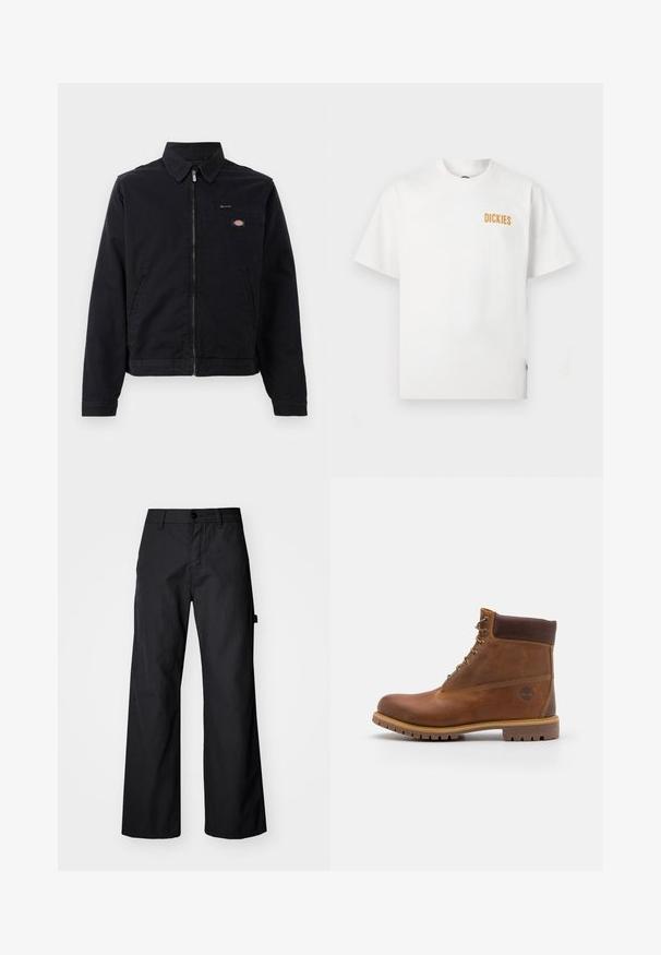 Sort jakke lavet af bomuld med lynlås foran, spids krave og en brystlomme. Har et logo på venstre side tæt på lommen.; Hvid T-shirt med korte ærmer og rund halsudskæring med lille orange "DICKIES"-logo på øverste venstre bryst.; Svarte breddebenede bukser fremstillet af holdbart stof. Har en knaplukning og sidelommer. Glat tekstur med et enkelt design.; Brun læder vandrestøvle med en glat finish, polstret ankel, metalliske snørehuller og en gummisål med et robust dækmønster.