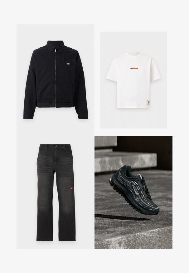 Schwarze Jacke aus Baumwolle mit einem Reißverschluss vorne, spitzem Kragen und einer Brusttasche. Enthält ein Logo auf der linken Seite in der Nähe der Tasche.; Weißes Nike T-Shirt mit kurzen Ärmeln und kleinem "Fussball"-Logo in Schwarz und Rot auf der Brust sowie einem rechteckigen Etikett nahe dem unteren Saum.; Schwarze Denim-Arbeitshose mit doppelten Kniepaneelen und einem kleinen roten Logopatch am rechten Bein, gerader Schnitt und Bund mit Knopfverschluss.; Schwarzer und grauer Nike Air Max Sneaker, der über graue Betonstufen mit strukturiertem Bodenhintergrund schwebt.