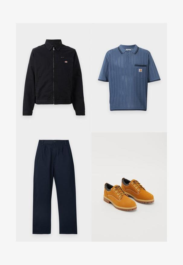 Schwarze Jacke aus Baumwolle mit einem Reißverschluss vorne, spitzem Kragen und einer Brusttasche. Enthält ein Logo auf der linken Seite in der Nähe der Tasche.; Blaues Strick-Poloshirt mit vertikalen, perforierten Streifen, drei Knöpfen am Ausschnitt, Brusttasche mit Carhartt-Logo und schwarzem Besatz an Kragen und Ärmeln.; Dunkel marineblaue Baumwollhose mit Knopfverschluss, vorderen Falten und geradem Bein.; Braune Wildlederschuhe mit einer runden Zehenpartie, gelben Schnürsenkeln, einem gepolsterten schwarzen Kragen und Gummisohlen mit Rillen für besseren Halt.