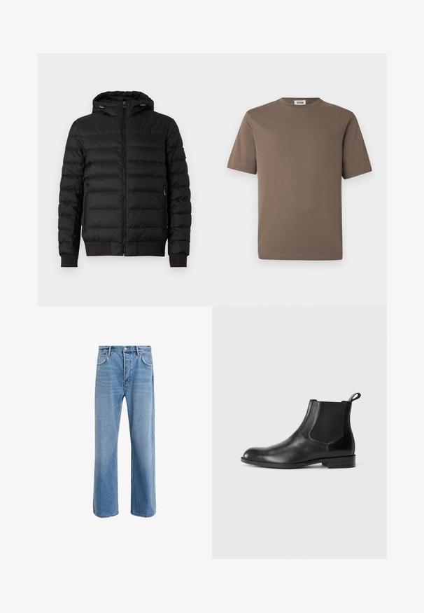 Veste matelassée noire avec capuche, fermeture éclair sur le devant, poches latérales zippées, et poignets et ourlet à côtes.; T-shirt en coton marron à manches courtes, col rond et texture lisse. Présente un ourlet droit et un design minimaliste.; Jeans en denim bleu clair avec une coupe droite, cinq poches, fermeture à bouton, peu d'usure et des détails de couture contrastés.; Bottine en cuir noir avec des panneaux latéraux élastiques, bout rond et tirette. Texture lisse, semelle plate, design minimaliste.