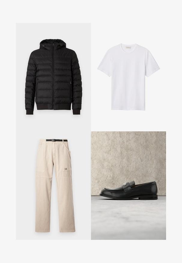Sort quiltet pufferjakke med hætte, fuld frontlynlås, lynlåslommer på siderne og ribbede manchetter og kant.; Hvidt ensfarvet T-shirt med korte ærmer og rund hals, med lille præget logo på venstre bryst og mærke indeni kraven.; Beige cargobukser med lige ben, der har bæltestropper, store sidelommer og et lille mærke med mærkenavn på venstre lår. Bomuldsmateriale.; Sort læderloafer med metalbrandskilt hvilende nær et brunt rundt bord på beige tæppe.
