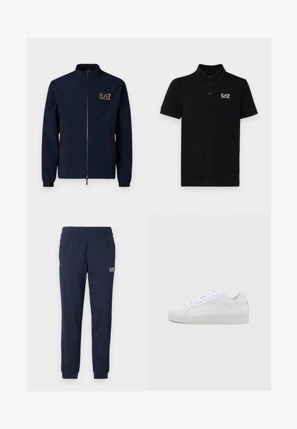 Coupe-vent bleu marine avec un col haut, fermeture zippée, panneaux latéraux noirs et un logo doré EA7 sur la poitrine gauche. Matériau lisse et léger.; Polo noir en coton avec un col classique, une patte de boutonnage à trois boutons et un logo EA7 blanc sur la poitrine gauche. Manches courtes.; Pantalons de survêtement bleu marine avec une taille élastique et des poignets. Comprend un petit logo blanc sur la jambe gauche. Fabriqué à partir d'un matériau doux et extensible.; Baskets basses en cuir blanc avec bout rond, lacets plats, semelle texturée et logo discret doré sur le côté. Surface lisse et design minimaliste.