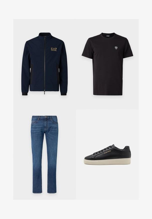 Marineblå vindjakke med høj krave, lynlås-lukning, sorte sidepaneler og et guld EA7-logo på venstre bryst. Glat, letvægtsmateriale.; Sort kortærmet t-shirt lavet af glat stof, med et diskret broderet logo på venstre bryst og en klassisk rund halsudskæring.; Blå denimjeans med lige ben, der har et klassisk design med fem lommer og knaplukning. Diskret falming over stofteksturområdet.; Sorte lædersneakers med en glat finish, kontrasterende cremefarvet sål, rund tå, guld logo på siden og seks huller til snørebånd.