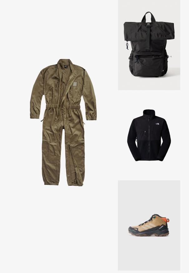 Sort fleecejakke med nylon øvre del, høj krave, fuld lynlås, lomme på venstre bryst og logo på øverste højre side. Tekstureret fleece på den nederste halvdel.; Oliven grøn utility jumpsuit lavet af slidstærkt stof, med lynlåslukning foran, elastisk talje og flere lommer på overkroppen og benene.; Brune og sorte vandrestøvler med mesh-paneler, tre hvide striber, en forstærket tå og en tekstureret gummisål for godt greb.; Sort rulle-top rygsæk i stof med forreste lynlåslomme, sidelommer og top bærehåndtag mod en ensfarvet lys baggrund.