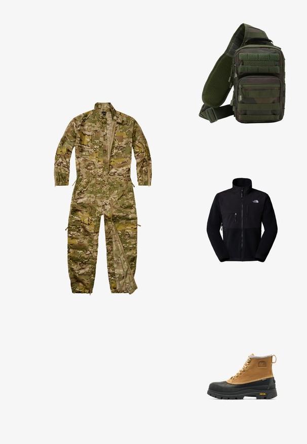 Sort fleecejakke med nylon øvre del, høj krave, fuld lynlås, lomme på venstre bryst og logo på øverste højre side. Tekstureret fleece på den nederste halvdel.; Heldækkende militær-inspireret camouflage-dragtt med lange ærmer, lynlås foran, flere lommer og elastiske manchetter ved ben og håndled.; Brun og sort isoleret snørestøvle til vinter med gummisål og Vibram-mønster, med Sorel- og Gore-Tex-logoer.; Grøn camouflage sling rygsæk med flere lynlåslommer, en justerbar rem og et netpanel på ryggen for ventilation.
