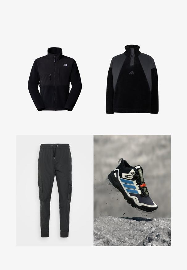 Chaqueta de forro polar negra con parte superior de nailon, cuello alto, cremallera completa, bolsillo en el pecho izquierdo y logotipo en la parte superior derecha. Forro polar texturizado en la mitad inferior.; Jersey polar negro con cuello alto, cremallera a medio camino, paneles texturizados en los hombros y pequeño logo de Adidas en el pecho.; Pantalones cargo negros hechos de un tejido ligero, con una cintura ajustable con cordón, puños elásticos y dos bolsillos laterales.; Zapato de senderismo Adidas Terrex negro y azul con suela rugosa, flotando sobre terreno rocoso con tierra volando alrededor.