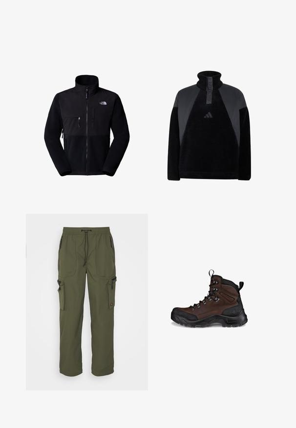 Veste en polaire noire avec empiècement en nylon, col montant, fermeture éclair intégrale, poche sur la poitrine à gauche et logo en haut à droite. Polaire texturée sur la moitié inférieure.; Pull en polaire noir avec col montant, demi-fermeture éclair, panneaux texturés aux épaules et petit logo Adidas sur la poitrine.; Pantalons cargo vert olive en tissu léger, avec une taille élastique, un système de fermeture à cordon, et plusieurs poches zippées.; Botte de randonnée marron avec un dessus en cuir texturé, un capuchon en caoutchouc noir, des œillets renforcés et une semelle robuste pour l'adhérence.