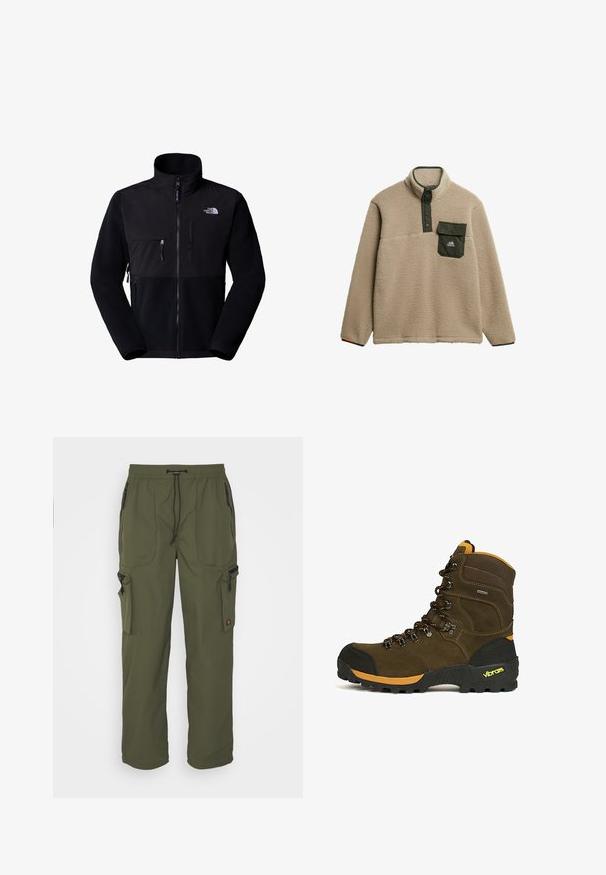 Sort fleecejakke med nylon øvre del, høj krave, fuld lynlås, lomme på venstre bryst og logo på øverste højre side. Tekstureret fleece på den nederste halvdel.; Beige fleece-pullover med høj krave, grøn trykknap-lukning og brystlomme. Materialet har en blød, struktureret overflade. Bjerglogo på lommen.; Oliven grøn cargo bukser lavet af let materiale, med elastisk talje, snorelukning og flere lynlåslommer.; Brun højtliggende vandrestøvle med sort tåhætte, orange accenter, robust Vibram-sål og sorte og orange snørebånd.