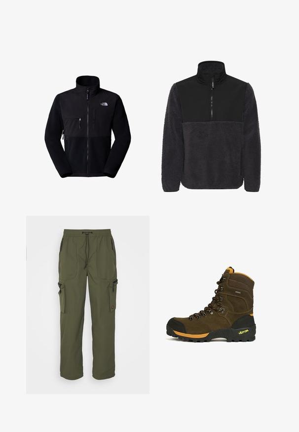 Sort fleecejakke med nylon øvre del, høj krave, fuld lynlås, lomme på venstre bryst og logo på øverste højre side. Tekstureret fleece på den nederste halvdel.; Fleece pullover med høj krave. Har et sort overpanel og en struktureret mørkegrå nederste sektion. Inkluderer en frontlynlås og sidelommer.; Oliven grøn cargo bukser lavet af let materiale, med elastisk talje, snorelukning og flere lynlåslommer.; Brun højtliggende vandrestøvle med sort tåhætte, orange accenter, robust Vibram-sål og sorte og orange snørebånd.