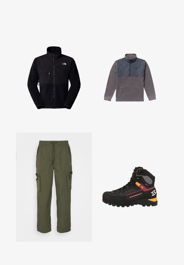 Schwarze Fleecejacke mit Nylon-Oberteil, hohem Kragen, durchgehendem Reißverschluss, linke Brusttasche und Logo auf der oberen rechten Seite. Texturiertes Fleece im unteren Bereich.; Grauer Herren-Fleecepullover mit langen Ärmeln, marineblauem Nylon-Brustpaneel und Viertel-Reißverschluss am Kragen, mit zwei Fronttaschen.; Olivgrüne Cargo-Hosen aus leichtem Material mit elastischem Bund, Kordelzug und mehreren Reißverschlusstaschen.; Schwarzer und grauer Wanderschuh mit roten Akzenten, mit einer strukturierten Oberseite, Schnürverschluss und einer robusten Sohle für Traktion. Garmont-Branding sichtbar.