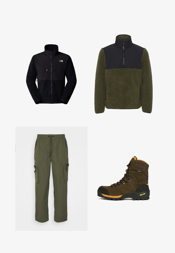 Sort fleecejakke med nylon øvre del, høj krave, fuld lynlås, lomme på venstre bryst og logo på øverste højre side. Tekstureret fleece på den nederste halvdel.; Fleece pullover i olivengrøn med en sort nylon brystpanel. Har en høj krave, en halv lynlås lukning og sidelommer.; Oliven grøn cargo bukser lavet af let materiale, med elastisk talje, snorelukning og flere lynlåslommer.; Brun højtliggende vandrestøvle med sort tåhætte, orange accenter, robust Vibram-sål og sorte og orange snørebånd.