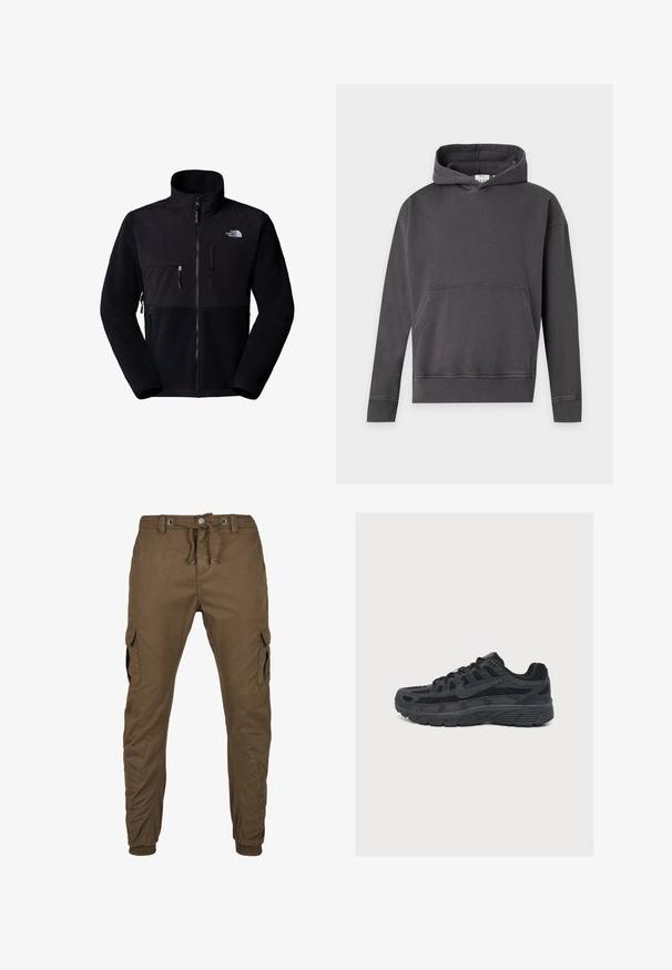 Sort fleecejakke med nylon øvre del, høj krave, fuld lynlås, lomme på venstre bryst og logo på øverste højre side. Tekstureret fleece på den nederste halvdel.; Mørkegrå pullover-hoodie med frontlomme, lange ærmer og ribkant ved ærmer og kant på neutral baggrund.; Cargo bukser i olivengrøn, lavet af robust stof. Funktioner inkluderer snoretræk i taljen, sidelommer og elastiske manchetter ved anklerne.; Sort Nike løbesko med lagdelt mesh og ruskindsoverdel, detaljeret sål og synligt Nike-swoosh på siden.
