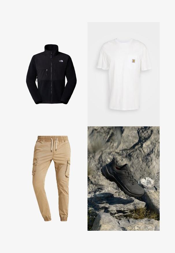 Sort fleecejakke med nylon øvre del, høj krave, fuld lynlås, lomme på venstre bryst og logo på øverste højre side. Tekstureret fleece på den nederste halvdel.; Hvid bomulds T-shirt med korte ærmer, en brystlomme, og et lille firkantet logo patch i orange og hvid på lommen.; Khaki cargo bukser med elastisk talje, snøre og tætsiddende pasform. Har sidelommer og et glat, struktureret bomuldsstof.; Sorte trail løbesko med en struktureret overdel, der har en polstret sål, forstærket tåhætte og diskret branding på siden.
