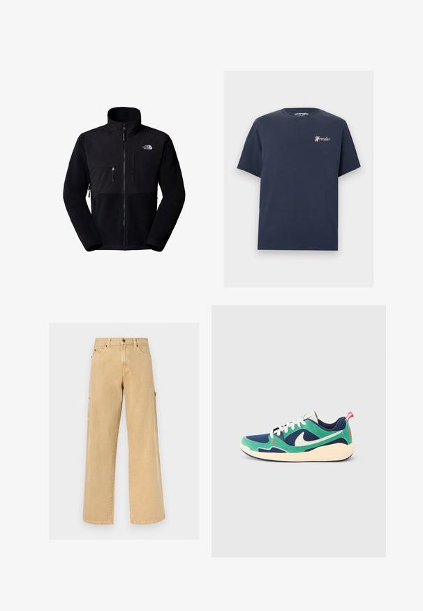 Sort fleecejakke med nylon øvre del, høj krave, fuld lynlås, lomme på venstre bryst og logo på øverste højre side. Tekstureret fleece på den nederste halvdel.; Mørkeblå T-shirt med korte ærmer og rund hals, med lille Wrangler-logo broderet i hvidt og brunt på venstre bryst.; Beige arbejdsbukser med lige ben, bæltestropper, for- og sidelommer samt en hammerløkke på en ensfarvet baggrund.; Sneaker med overdel i marineblå og mintgrøn samt hvide accenter, tekstureret stof, snørelukning og en rød træklap ved hælen.