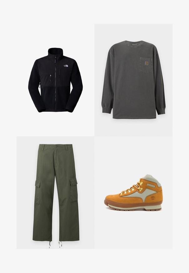 Sort fleecejakke med nylon øvre del, høj krave, fuld lynlås, lomme på venstre bryst og logo på øverste højre side. Tekstureret fleece på den nederste halvdel.; Mørkegrå langærmet rundhals-shirt med brystlomme med et lille Carhartt-logo på lommen.; Olivengrønne cargobukser med sidelommer med klap, knaplukning, bæltestropper og justerbare snore i de brede bukseben.; Brun ruskinds vandrestøvle med lysegrå stofpaneler, guldøjer, gummisål og Timberland-logo præsenteret på hælen.