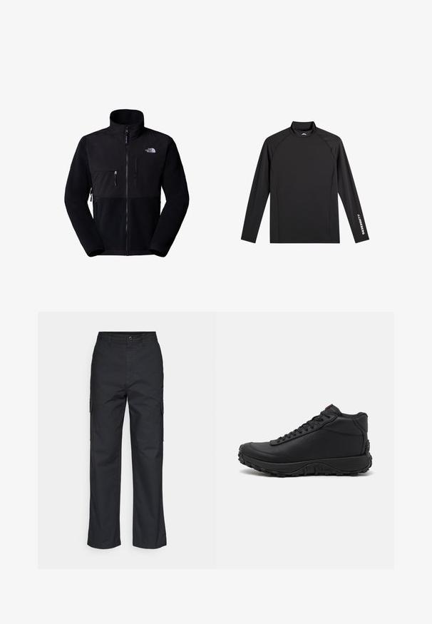 Chaqueta de forro polar negra con parte superior de nailon, cuello alto, cremallera completa, bolsillo en el pecho izquierdo y logotipo en la parte superior derecha. Forro polar texturizado en la mitad inferior.; Camiseta negra deportiva de manga larga con cuello alto falso, corte ajustado y logo blanco "J.Lindeberg" en la manga izquierda y el cuello.; Pantalones cargo negros con un diseño de pierna recta, que cuentan con bolsillos laterales y una tela texturizada. Cierre de botón en la cintura para un ajuste seguro.; Zapatillas altas negras hechas de cuero texturizado, con suela de goma gruesa con patrones de tracción y diseño de cordones. Acabado en rojo en la lengüeta.