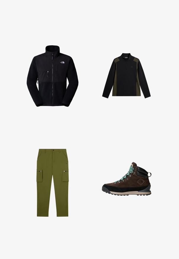 Chaqueta de forro polar negra con parte superior de nailon, cuello alto, cremallera completa, bolsillo en el pecho izquierdo y logotipo en la parte superior derecha. Forro polar texturizado en la mitad inferior.; Sweatshirt de manga larga en negro y verde olivo con una cremallera corta en el frente y un pequeño logo en el pecho.; Pantalones cargo verde oliva con ajuste recto, fabricados en un tejido ligero; cuentan con bolsillos laterales con cremalleras y bolsillos frontales con inclinación.; Botas de senderismo marrones con parte superior de ante, acentos negros y cordones turquesa. Cuenta con una suela robusta y soporte reforzado para el tobillo.