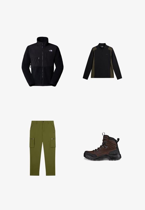 Schwarze Fleecejacke mit Nylon-Oberteil, hohem Kragen, durchgehendem Reißverschluss, linke Brusttasche und Logo auf der oberen rechten Seite. Texturiertes Fleece im unteren Bereich.; Langärmliger Pullover in Schwarz und Olivgrün mit einem kurzen Frontreißverschluss und kleinem Logo auf der Brust.; Olivgrüne Cargo-Shorts mit geradem Schnitt, aus leichtem Material; mit seitlichen Taschen mit Reißverschlüssen und schrägen Vordertaschen.; Brauner Wanderstiefel mit einem strukturierten Leder-Obermaterial, schwarzem Gummi-Zehenkappen, verstärkten Ösen und einer robusten Außensohle für Halt.