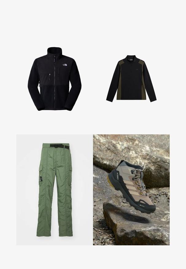 Schwarze Fleecejacke mit Nylon-Oberteil, hohem Kragen, durchgehendem Reißverschluss, linke Brusttasche und Logo auf der oberen rechten Seite. Texturiertes Fleece im unteren Bereich.; Langärmliger Pullover in Schwarz und Olivgrün mit einem kurzen Frontreißverschluss und kleinem Logo auf der Brust.; Cargo-Hosen in Olivgrün, aus leichtem Material gefertigt. Mit einem schwarzen Gürtel, Cargo-Taschen an den Seiten und detailverliebt genähten Nähten.; Beiger und schwarzer Wanderstiefel mit Gore-Tex, Terrex-Branding und grober Sohle, der über felsigem Gelände schwebt.