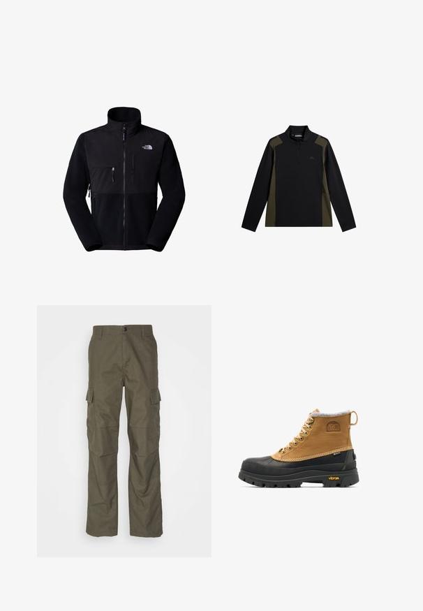 Sort fleecejakke med nylon øvre del, høj krave, fuld lynlås, lomme på venstre bryst og logo på øverste højre side. Tekstureret fleece på den nederste halvdel.; Langærmet sort og olivengrøn pullover med en kort lynlås foran og et lille logo på brystet.; Olivenfarvede cargo bukser med lige snit, lavet af tekstureret stof. Har store sidelommer og knaplukning.; Brun og sort isoleret snørestøvle til vinter med gummisål og Vibram-mønster, med Sorel- og Gore-Tex-logoer.