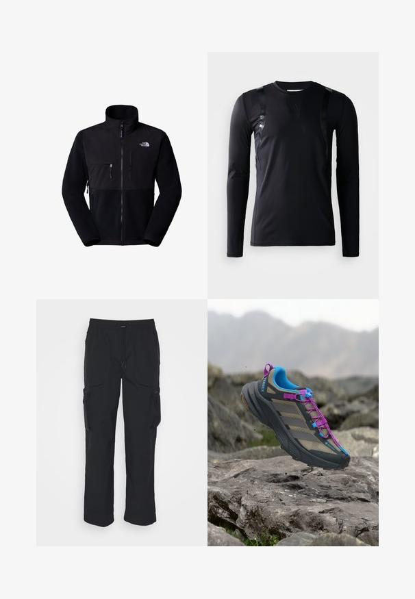 Chaqueta de forro polar negra con parte superior de nailon, cuello alto, cremallera completa, bolsillo en el pecho izquierdo y logotipo en la parte superior derecha. Forro polar texturizado en la mitad inferior.; Camisa deportiva de manga larga negra hecha de un tejido suave y elástico. Presenta detalles en negro brillante en los hombros y un logo de Adidas en el pecho.; Pantalones cargo negros hechos de tejido tejido. Cuenta con una cinturilla ajustable, bolsillos laterales y dos bolsillos de utilidad con cremalleras.; Zapatilla de trail running con detalles en gris, azul y púrpura sobre terreno rocoso y fondo de montaña desenfocado.