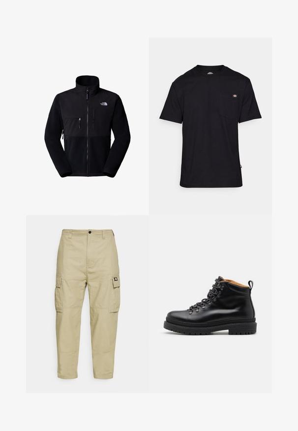 Schwarze Fleecejacke mit Nylon-Oberteil, hohem Kragen, durchgehendem Reißverschluss, linke Brusttasche und Logo auf der oberen rechten Seite. Texturiertes Fleece im unteren Bereich.; Schwarzes Baumwoll-T-Shirt mit klassischem Rundhalsausschnitt, kurzen Ärmeln, einer Brusttasche und einem Logopatch nahe der Taschennähten. Weicher Stoff.; Beige Cargo-Hosen aus strapazierfähigem Material, mit zwei Seitentaschen, einem Knopfverschluss und schmal zulaufenden Beinen mit glatter Textur.; Zign by Zalando LEATHER - Schnürstiefelette - black