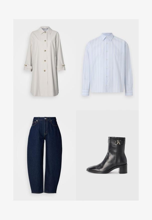 Manteau beige clair à manches longues, avec un col et des boutons dorés. Il possède des poches latérales et des poignets retroussés. Texture de tissu lisse.; Chemise bleu clair à manches longues avec boutons, fines rayures blanches verticales et col pointu sur fond uni.; Jean en denim bleu foncé avec une coupe décontractée, jambes droites, design à cinq poches et surpiqûres jaunes contrastantes. Fermeture à bouton métallique à la taille.; Botte de cheville en cuir noir avec un bout pointu, un talon carré et une sangle avec un détail de logo métallique. Texture lisse et design minimaliste.